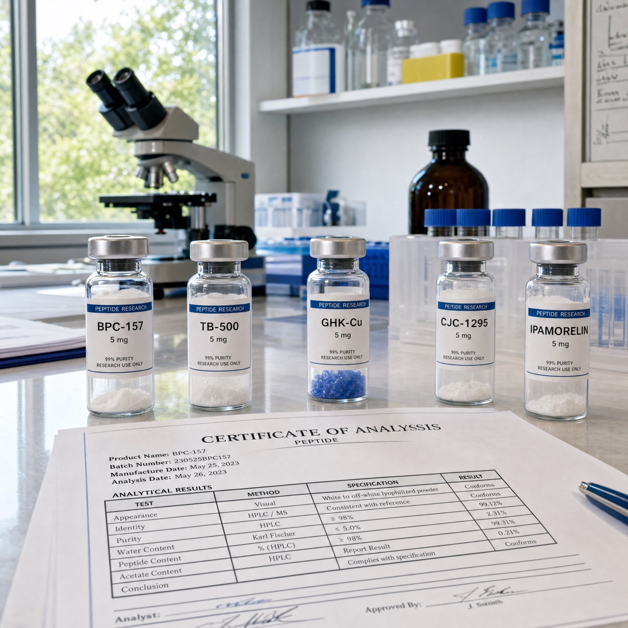 Peptide research vials on a laboratory bench alongside a certificate of analysis